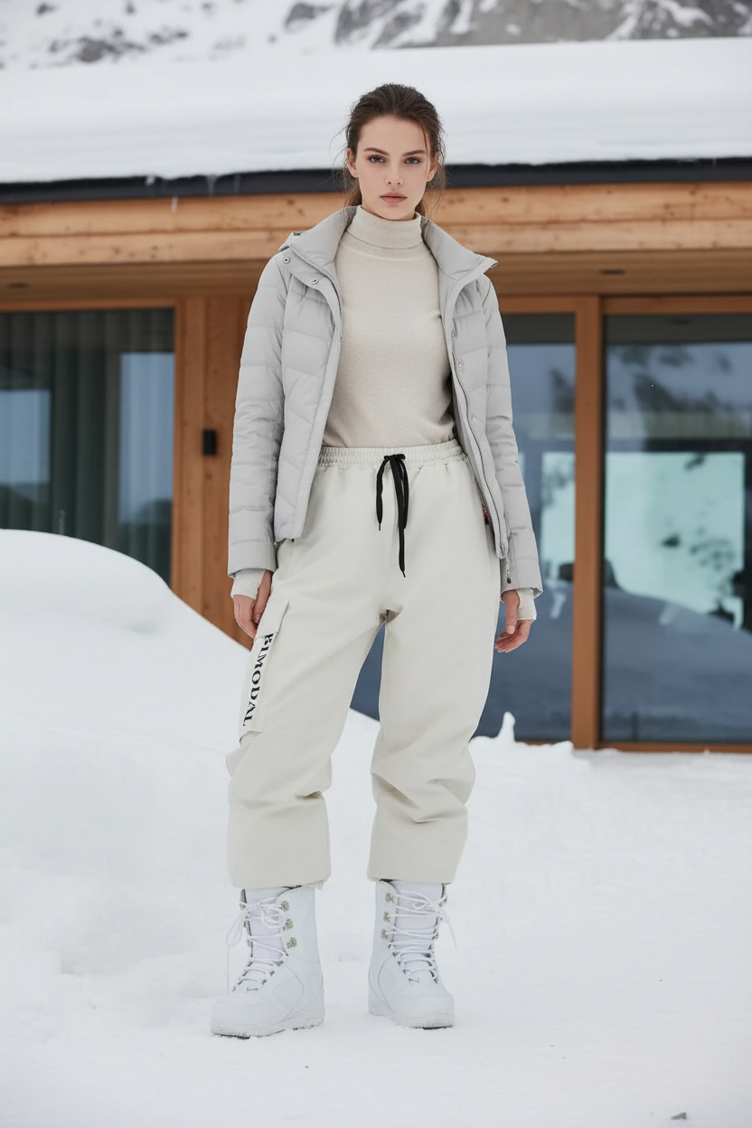 Pantalon De Ski Crème Ample Imperméable Unisexe Cargo - Beige Polyester