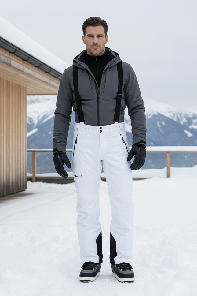 Pantalon De Ski Blanc Slim Bretelles Imperméable Homme - Polyester
