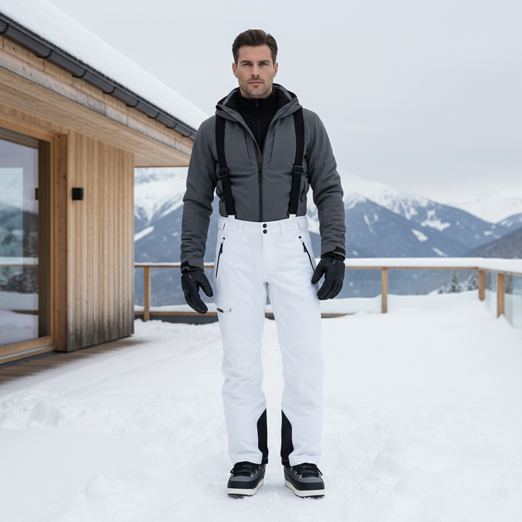 Pantalon De Ski Blanc Slim Bretelles Imperméable Homme - Polyester