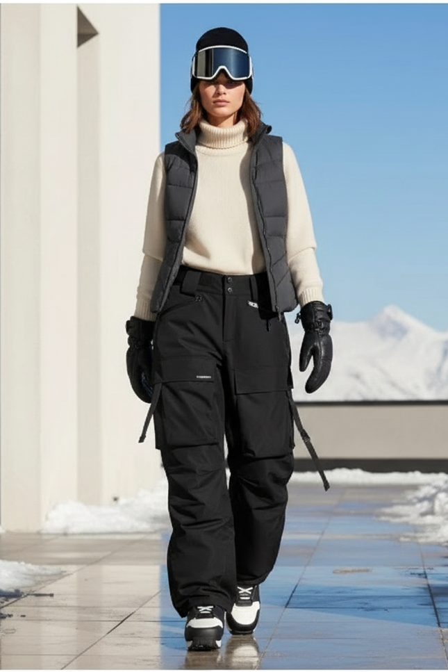 Pantalon De Ski Cargo Noir Ample Imperméable Femme - Polyester