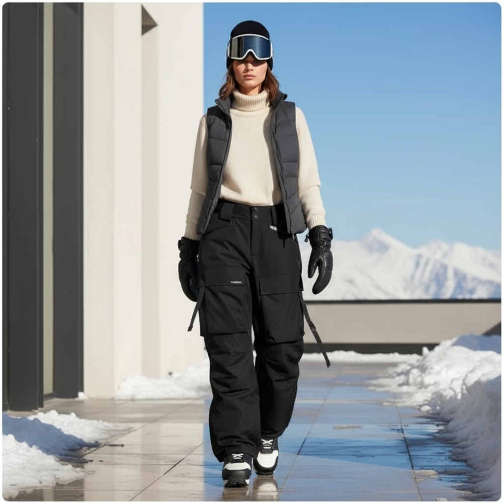 Pantalon De Ski Cargo Noir Ample Imperméable Femme - Polyester