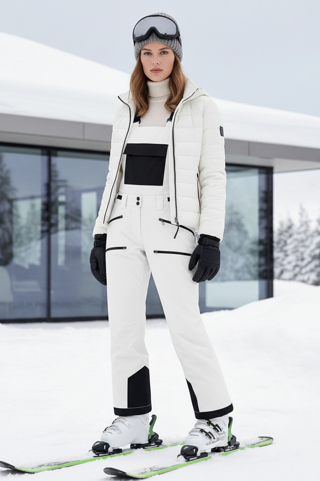 Pantalon De Ski Femme Blanc Salopette Imperméable Coupe Droite - Polyester