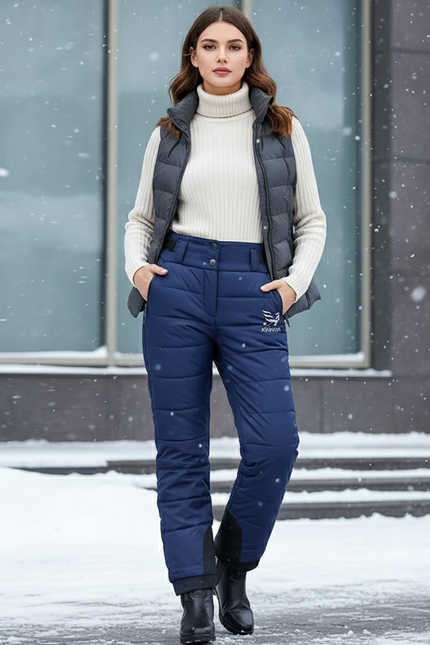 Pantalon De Ski Bleu Marine Matelassé Imperméable Femme Chaud - Polyester