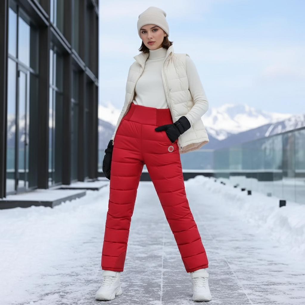 Pantalon De Ski Rouge Matelassé Imperméable Femme Taille Haute - Polyester
