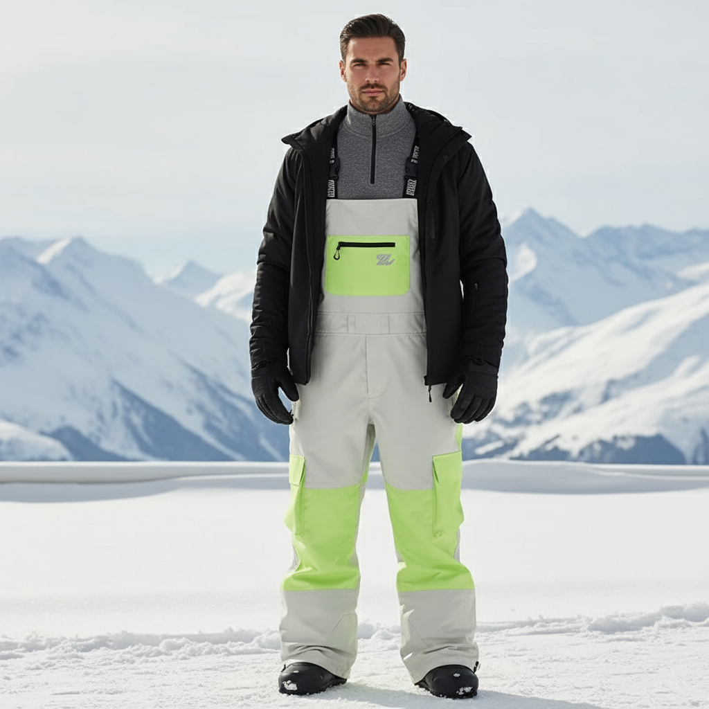 Pantalon De Ski Gris Vert Fluo Salopette Imperméable Unisexe - Polyester