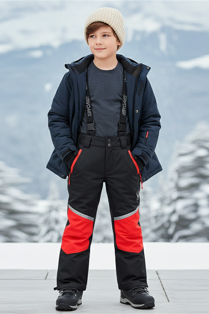 Pantalon De Ski Noir Rouge Imperméable Enfant Bretelles - Polyester