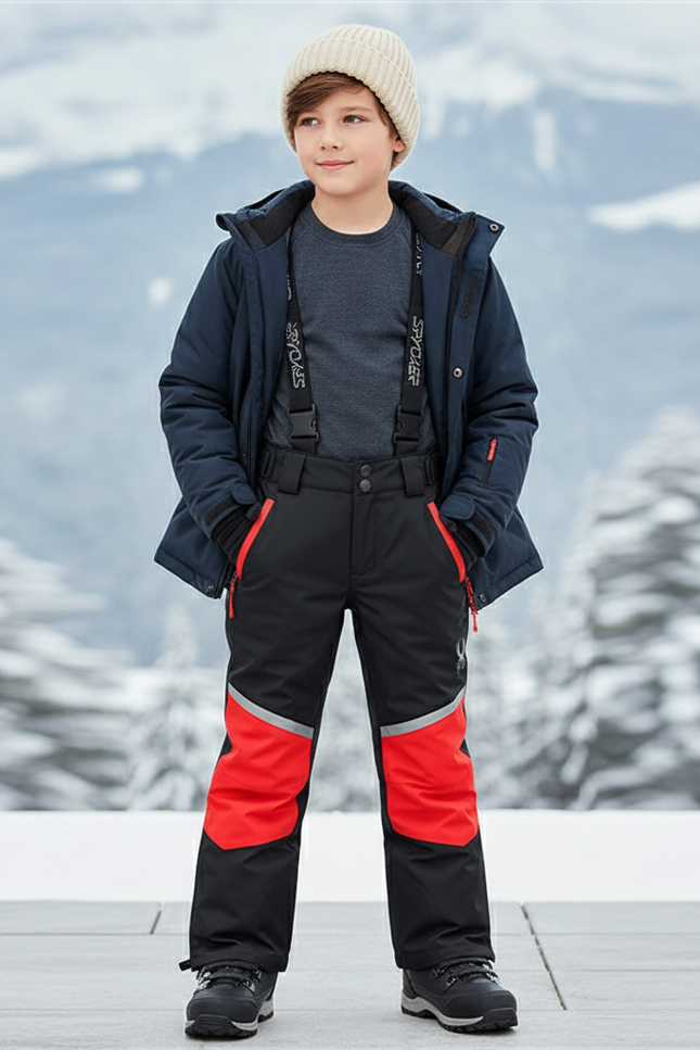 Pantalon De Ski Noir Rouge Imperméable Enfant Bretelles - Polyester