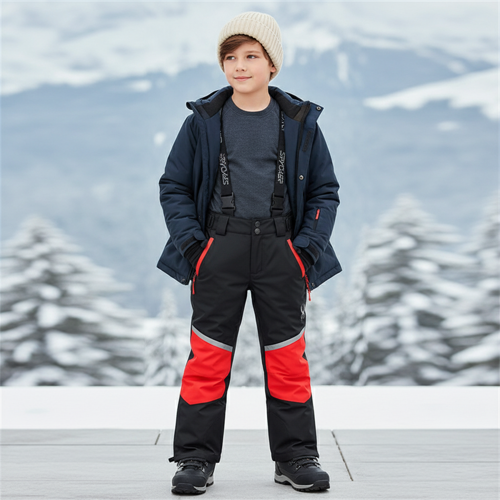 Pantalon De Ski Noir Rouge Imperméable Enfant Bretelles - Polyester