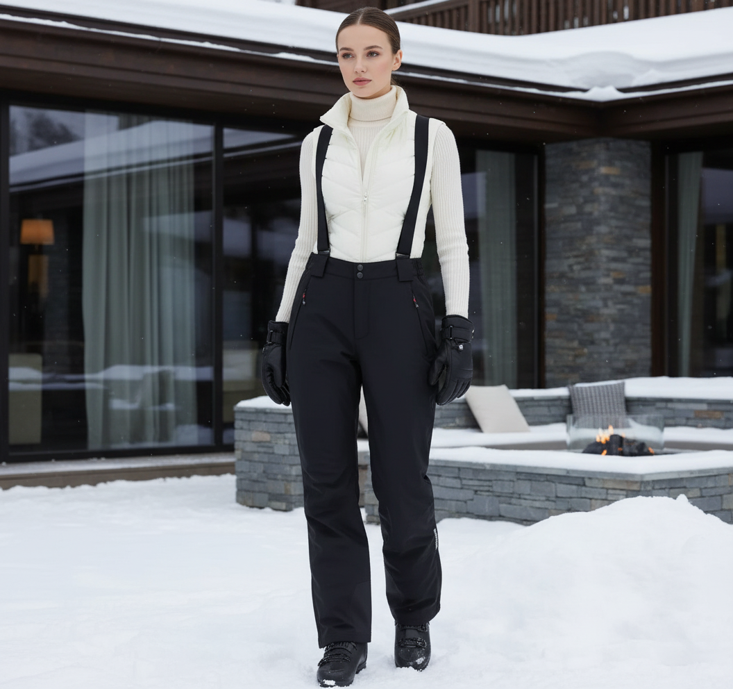 Pantalon De Ski Noir Bretelles Imperméable Chaud Ample - Polyester