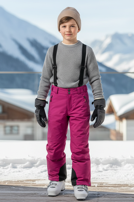Pantalon De Ski Enfant Rose Vif Imperméable Bretelles - Polyester