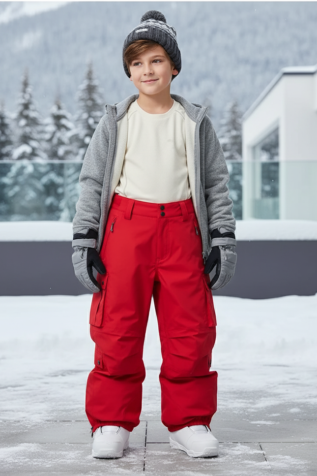 Pantalon De Ski Rouge Ample Imperméable Cargo Enfant - Polyester