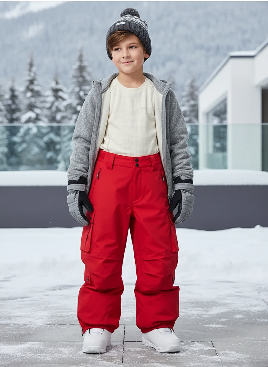 Pantalon De Ski Rouge Ample Imperméable Cargo Enfant - Polyester