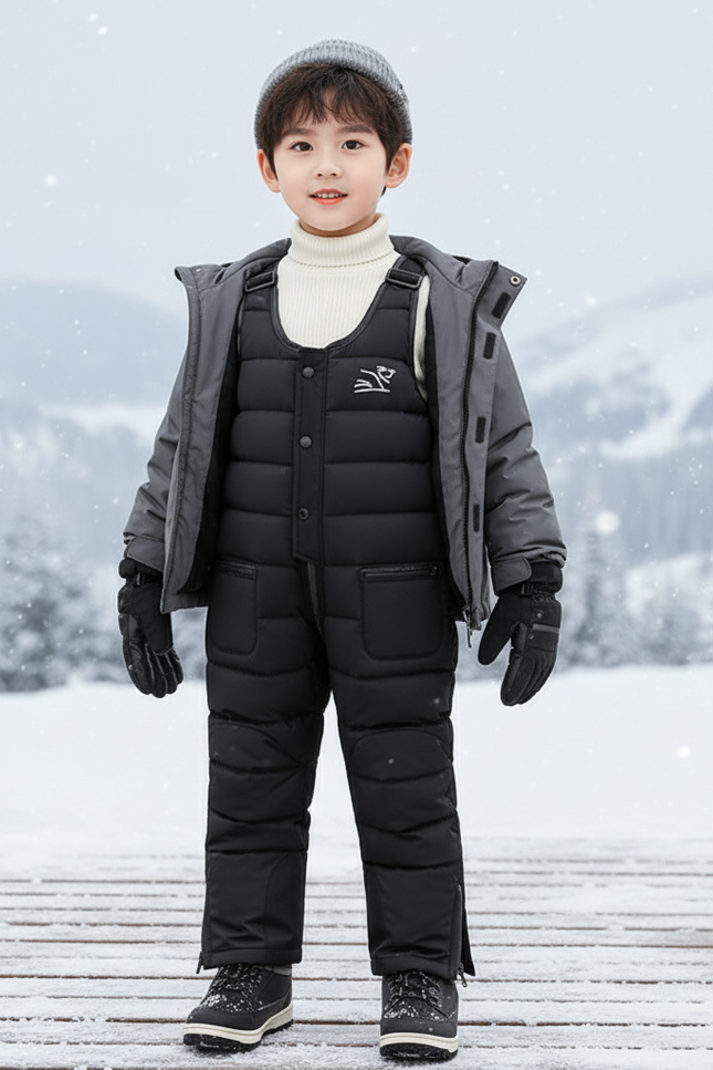 Pantalon De Ski Noir Matelassé Bretelles Enfant - Polyester