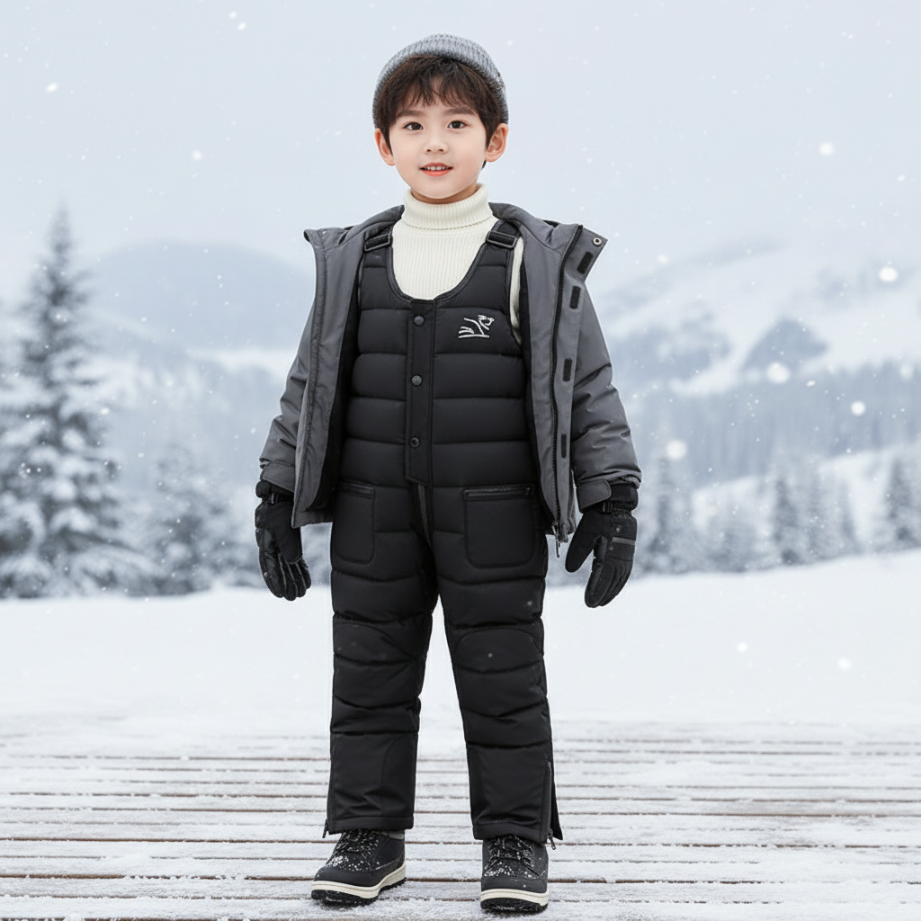 Pantalon De Ski Noir Matelassé Bretelles Enfant - Polyester