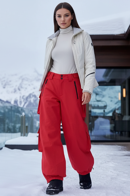 Pantalon De Ski Rouge Ample Imperméable Cargo Femme - Polyester