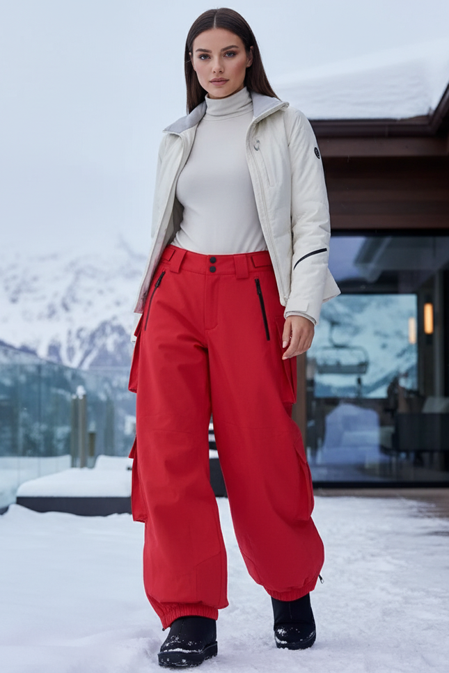 Pantalon De Ski Rouge Ample Imperméable Cargo Femme - Polyester