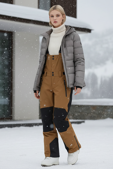 Pantalon De Ski Marron Noir Imperméable Bretelles Femme - Polyester
