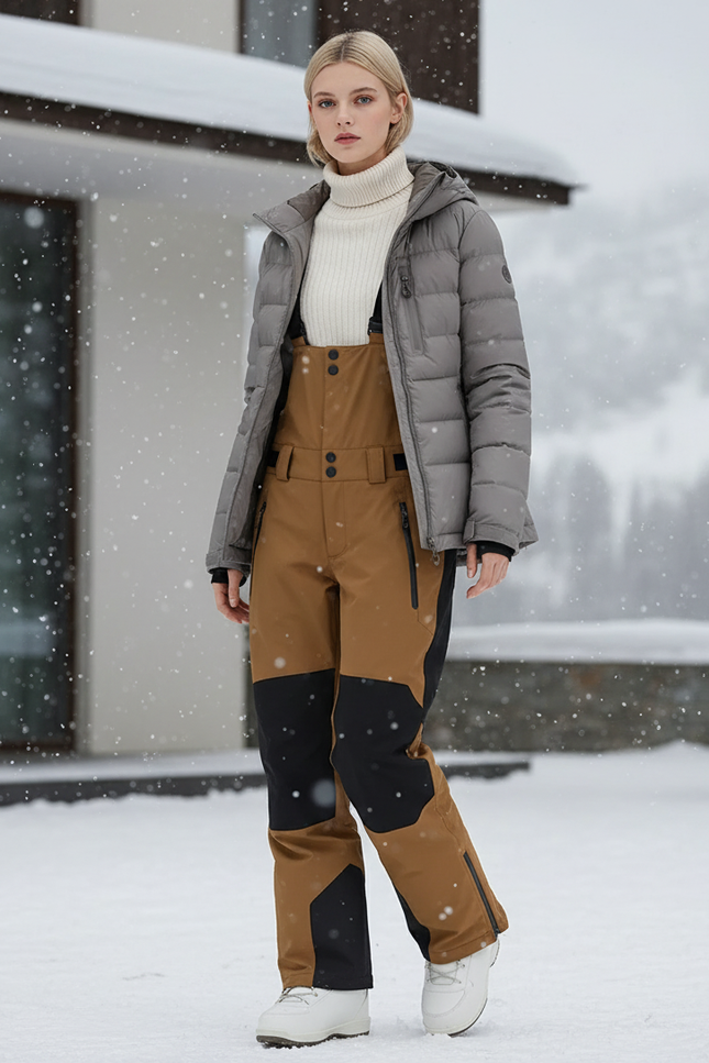 Pantalon De Ski Marron Noir Imperméable Bretelles Femme - Polyester