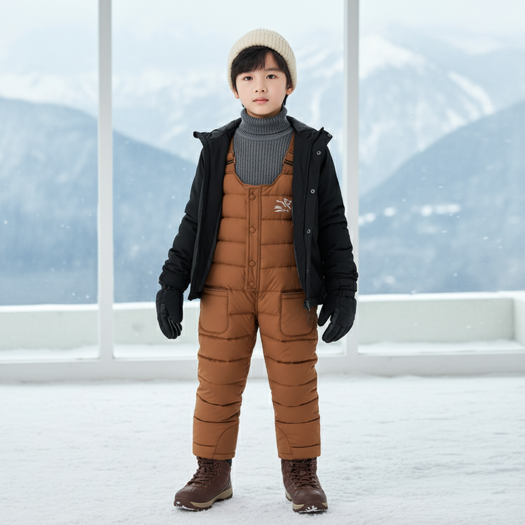Pantalon De Ski Matelassé Marron Enfant Bretelles Chaud - Polyester