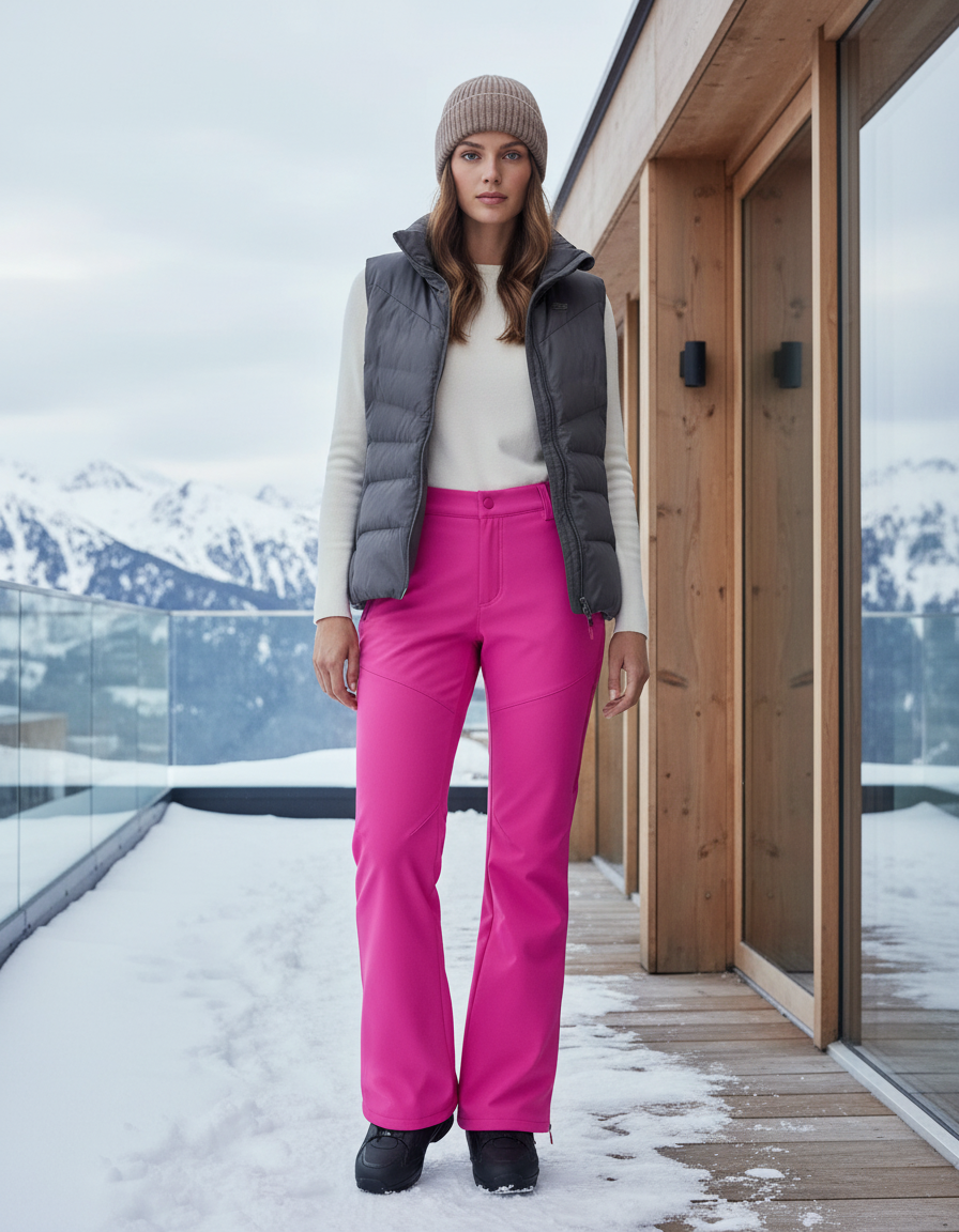 Pantalon De Ski Rose Évasé Imperméable Doublé Polaire Femme - Polyester