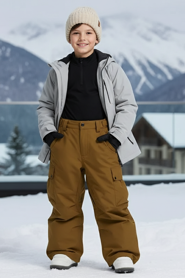 Pantalon De Ski Marron Ample Imperméable Cargo Enfant - Polyester