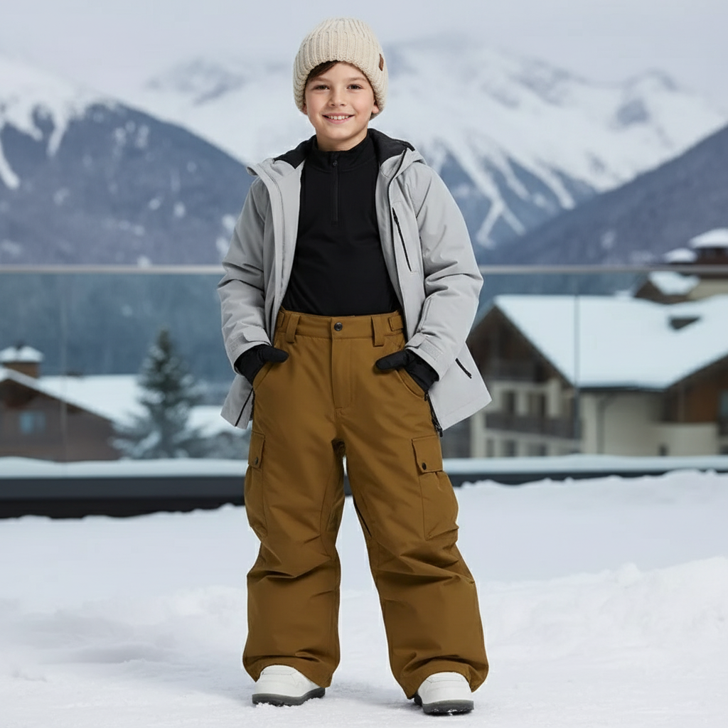 Pantalon De Ski Marron Ample Imperméable Cargo Enfant - Polyester