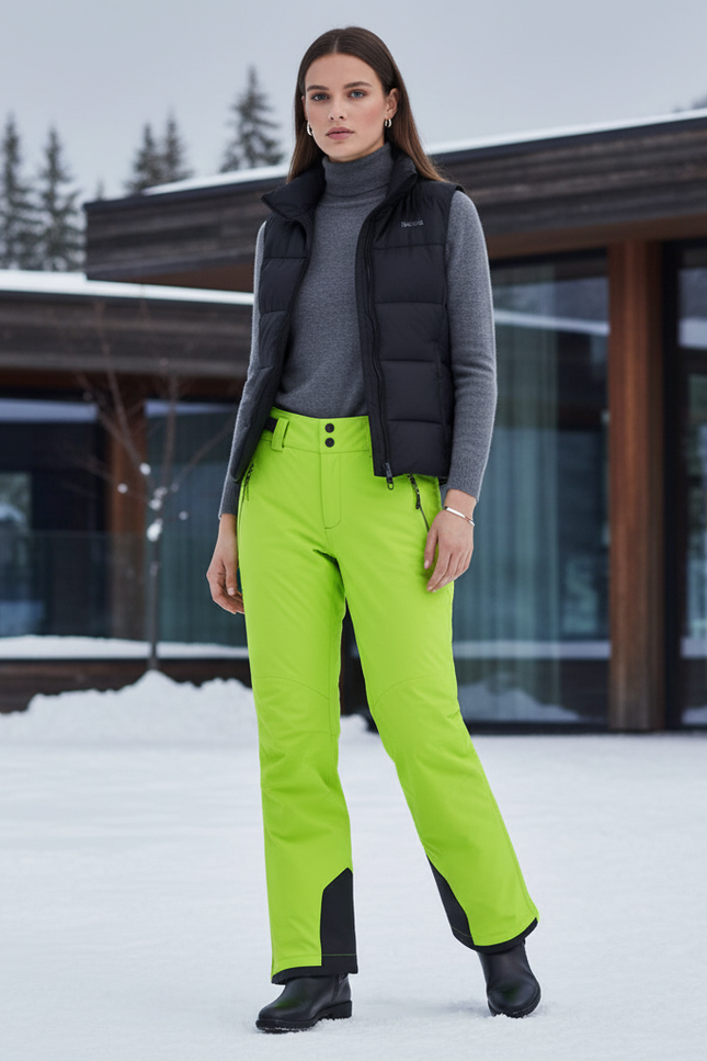 Pantalon De Ski Fluorescent Imperméable Femme Coupe Droite - Vert Polyester