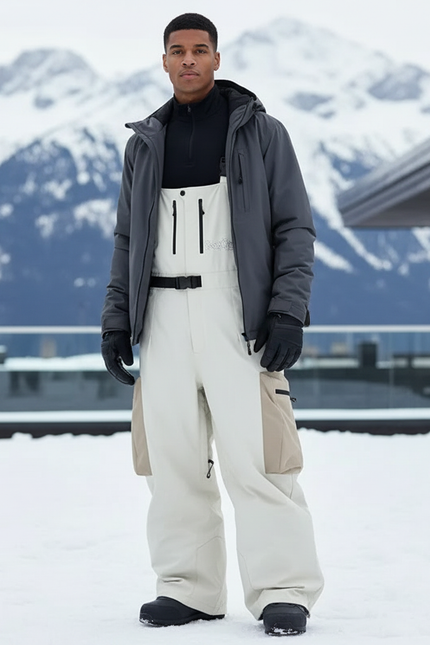 Pantalon De Ski Crème Cargo Imperméable Bretelles Homme - Beige Polyester