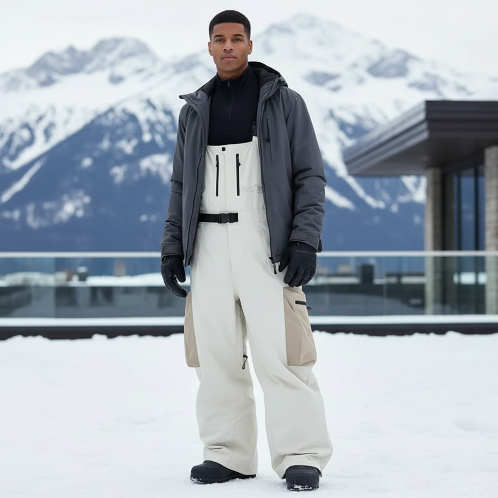 Pantalon De Ski Crème Cargo Imperméable Bretelles Homme - Beige Polyester