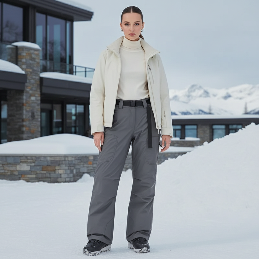 Pantalon De Ski Cargo Gris Ample Imperméable Femme - Polyester