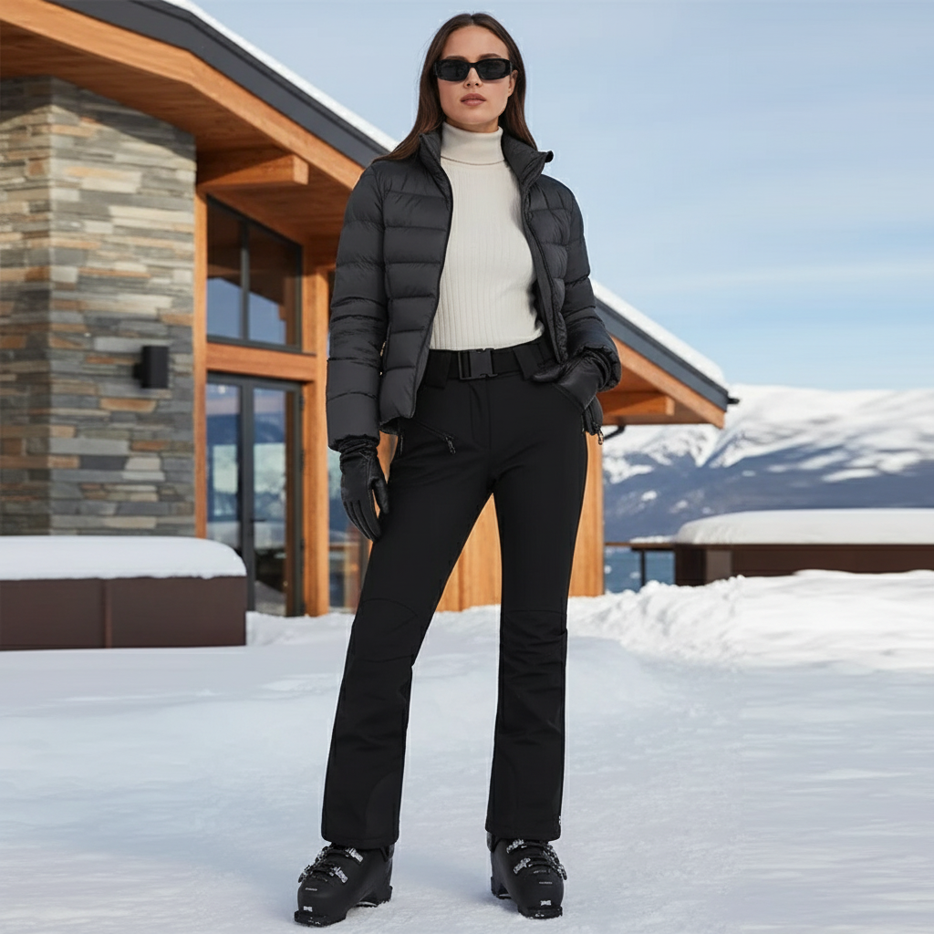 Pantalon De Ski Noir Ajusté Ceinturé Imperméable Femme - Polyester