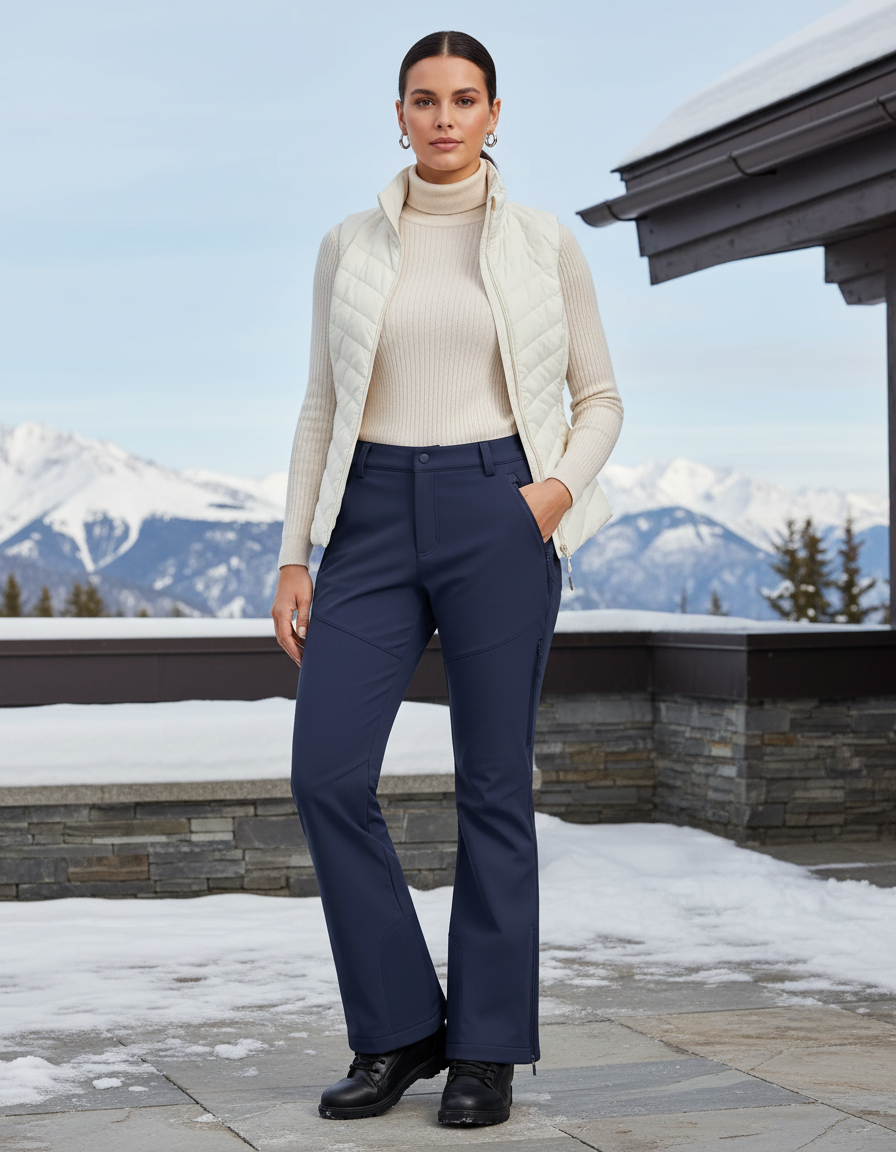 Pantalon De Ski Femme Évasé Bleu Marine Doublé Polaire Imperméable - Polyester