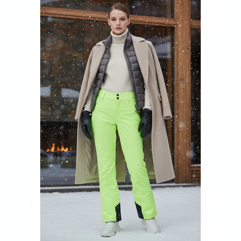 Pantalon De Ski Fluorescent Coupe Droite Imperméable Femme Hiver - Vert Polyester