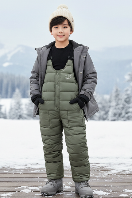 Pantalon De Ski Vert Matelassé Bretelles Enfant Hiver - Kaki Polyester
