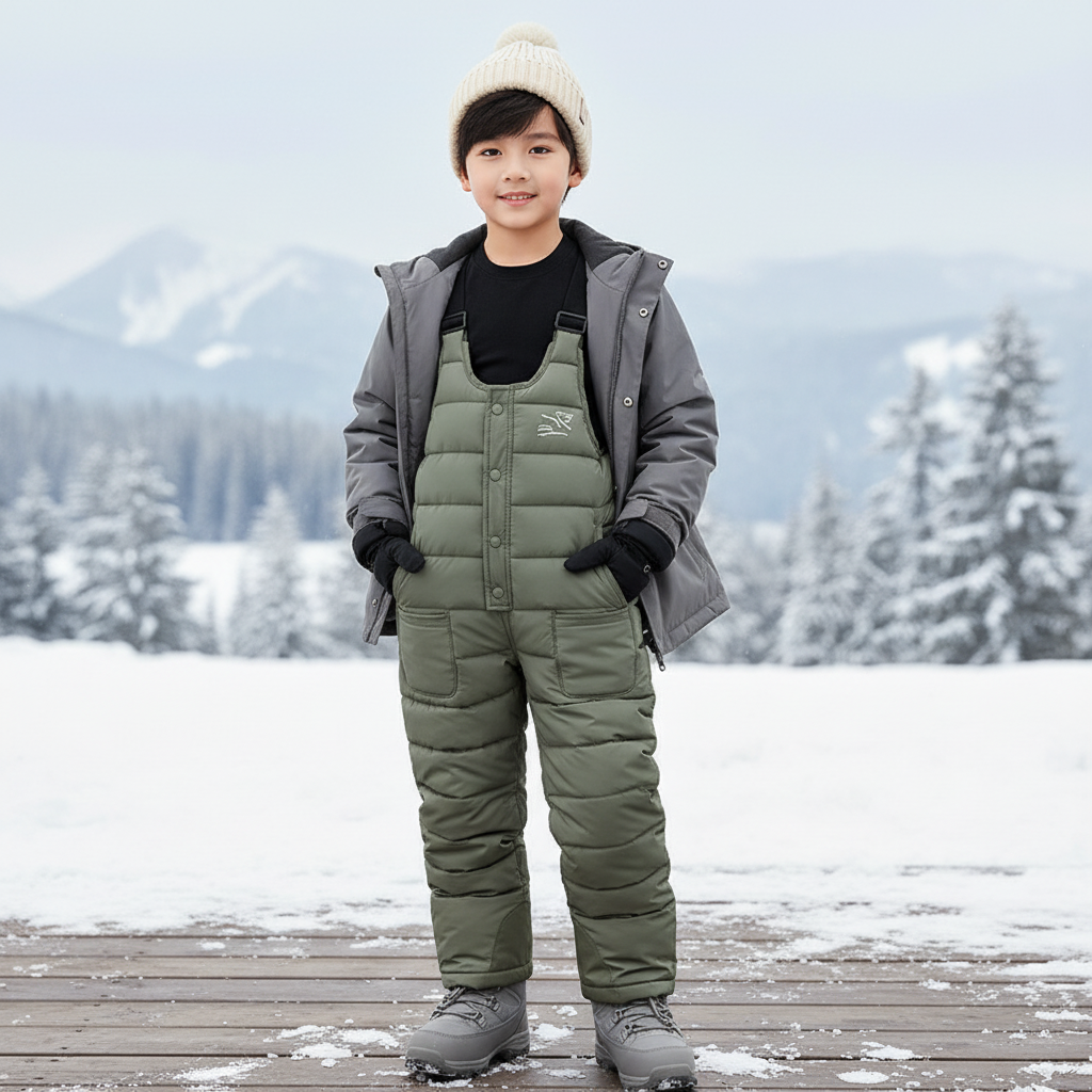 Pantalon De Ski Vert Matelassé Bretelles Enfant Hiver - Kaki Polyester