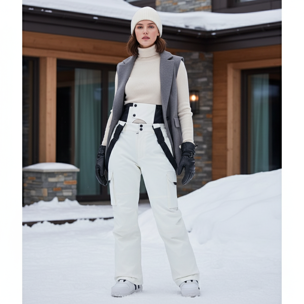 Pantalon De Ski Blanc Salopette Imperméable Taille Haute Élégant - Polyester