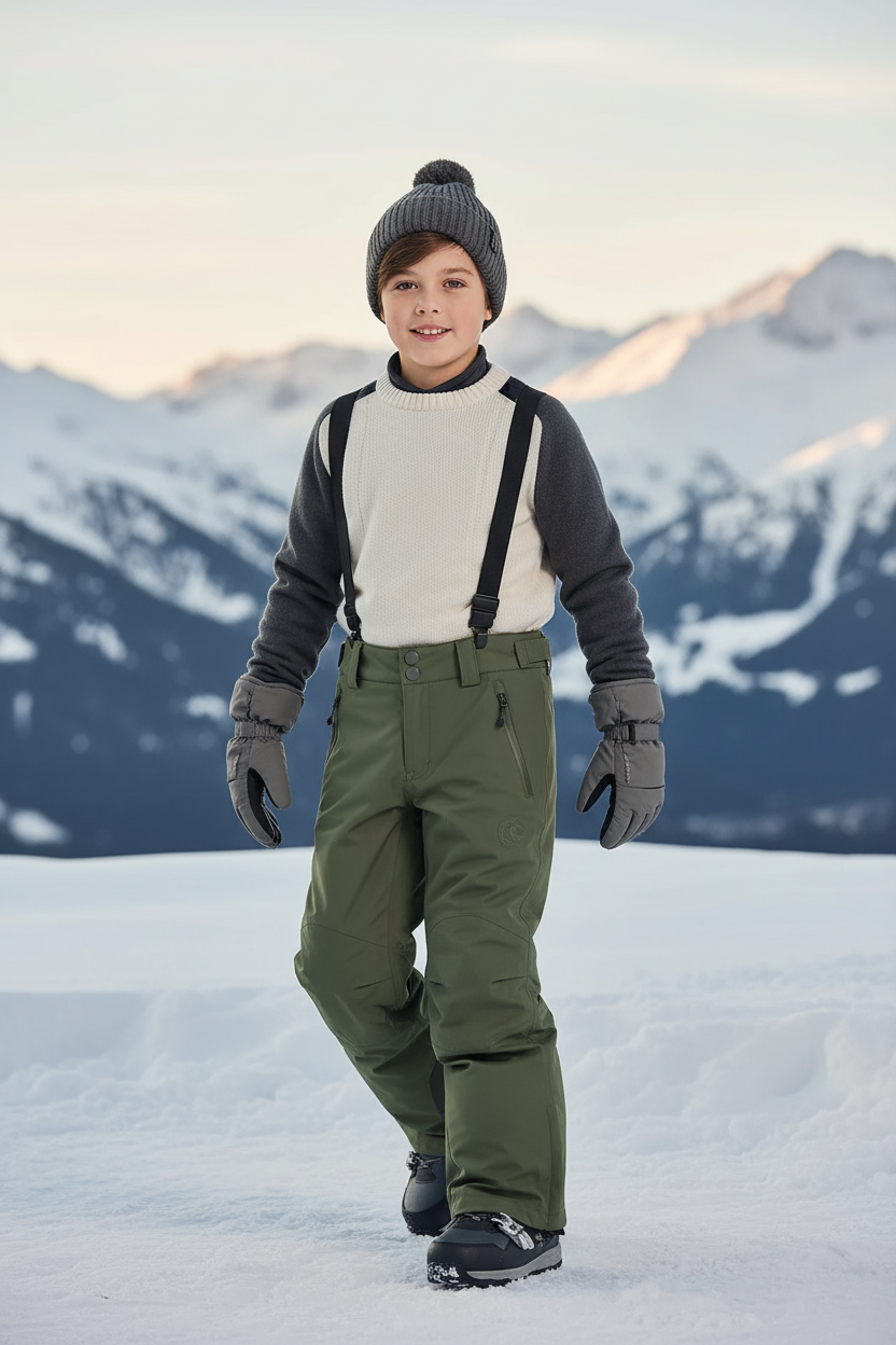 Pantalon De Ski Enfant Vert Kaki Imperméable Bretelles - Polyester
