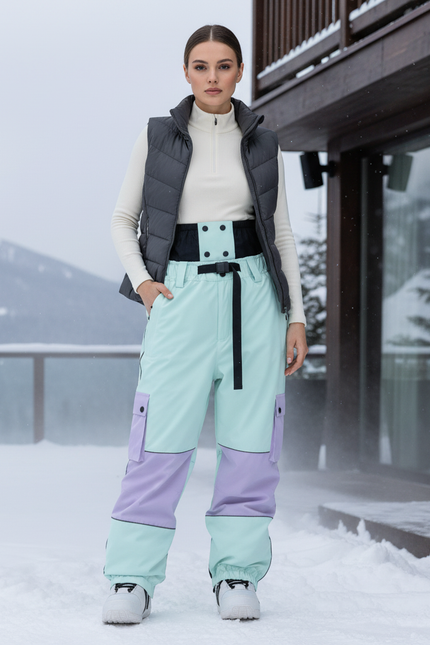 Pantalon De Ski Bicolore Cargo Ample Imperméable Femme - Vert Polyester
