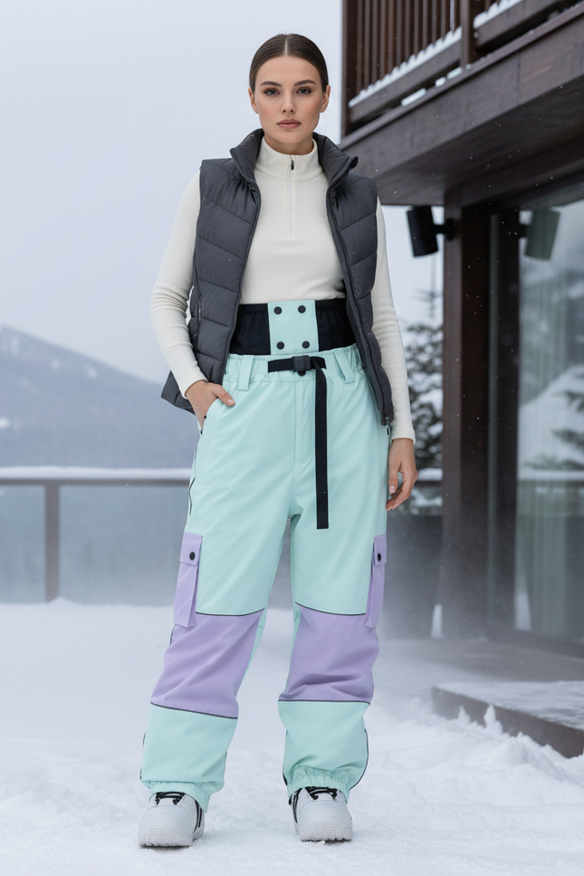 Pantalon De Ski Bicolore Cargo Ample Imperméable Femme - Vert Polyester