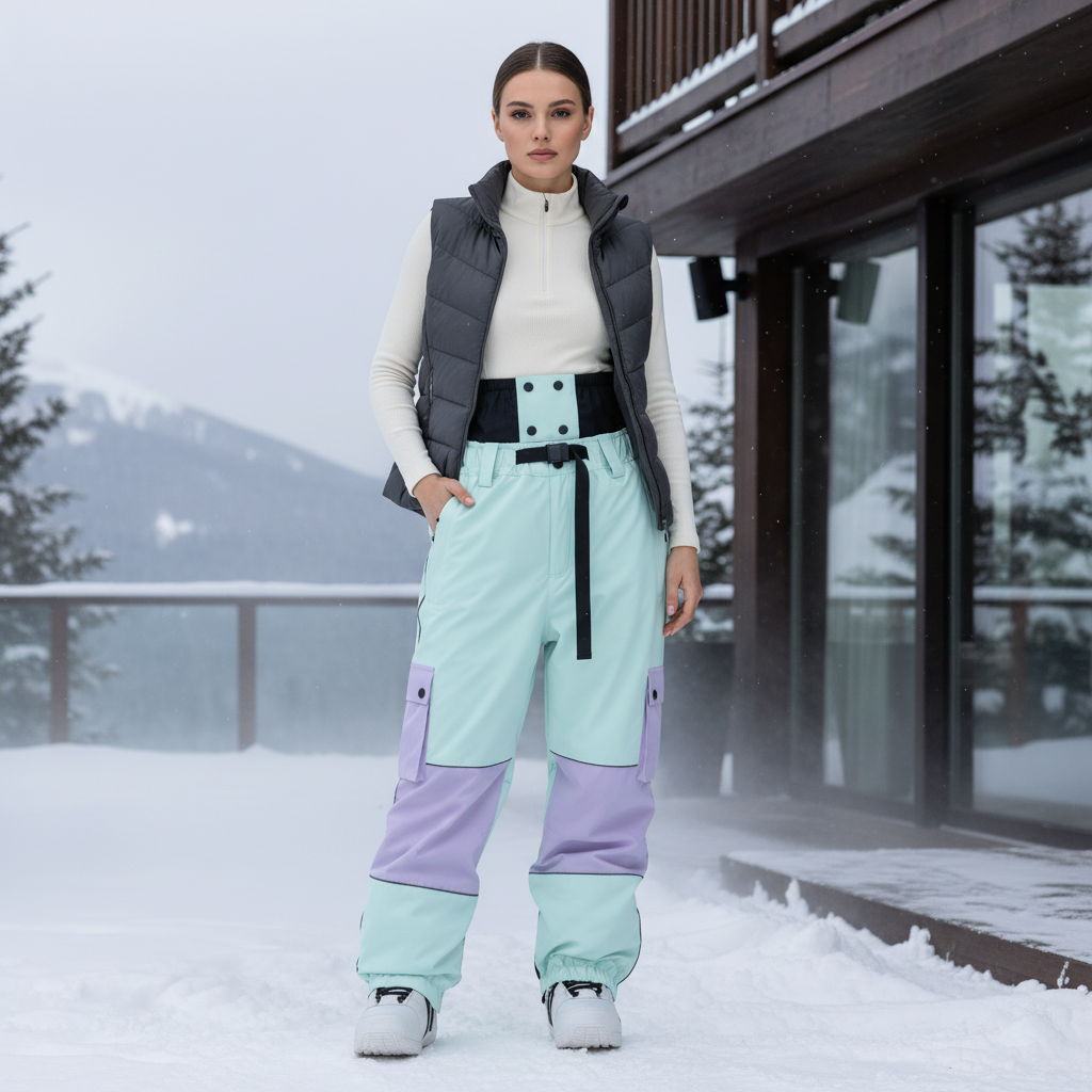 Pantalon De Ski Bicolore Cargo Ample Imperméable Femme - Vert Polyester