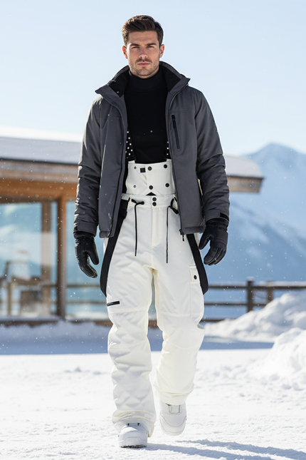 Pantalon De Ski Blanc Bretelles Imperméable Ample Homme - Polyester