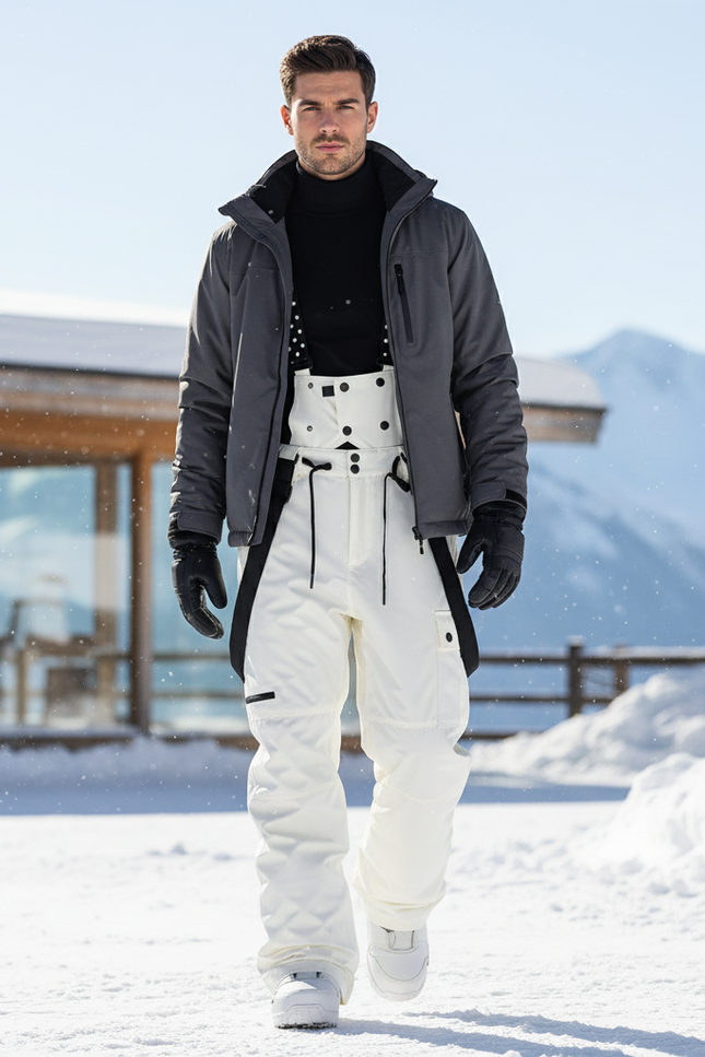 Pantalon De Ski Blanc Bretelles Imperméable Ample Homme - Polyester