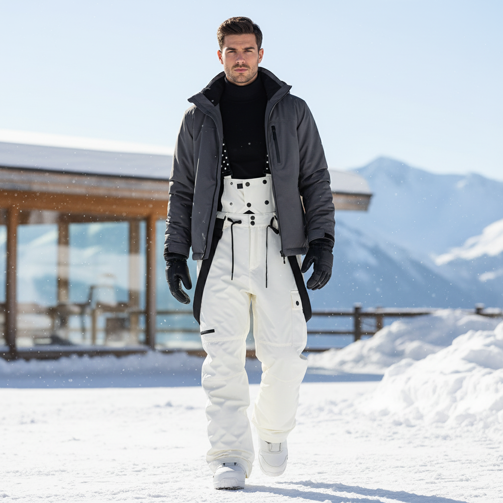 Pantalon De Ski Blanc Bretelles Imperméable Ample Homme - Polyester
