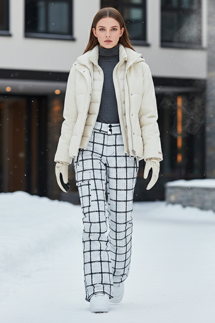 Pantalon De Ski Carreaux Blanc Noir Imperméable Chaud Femme - Imprimé Tweed