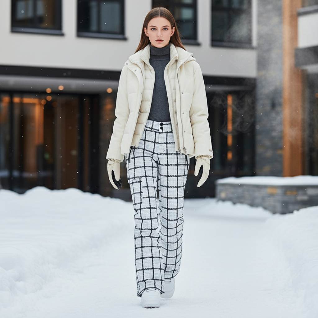 Pantalon De Ski Carreaux Blanc Noir Imperméable Chaud Femme - Imprimé Tweed
