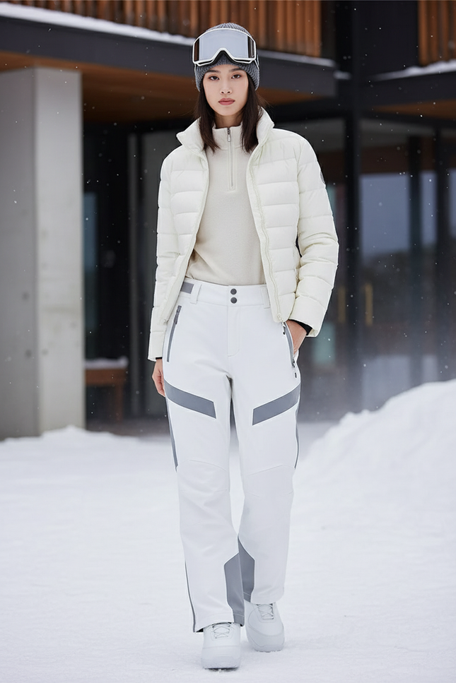Pantalon De Ski Blanc Imperméable Réfléchissant Coupe Droite - Polyester