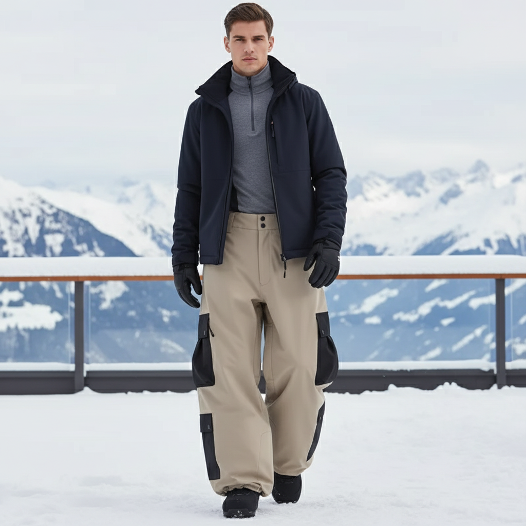 Pantalon De Ski Beige Cargo Ample Imperméable Hiver - Polyester