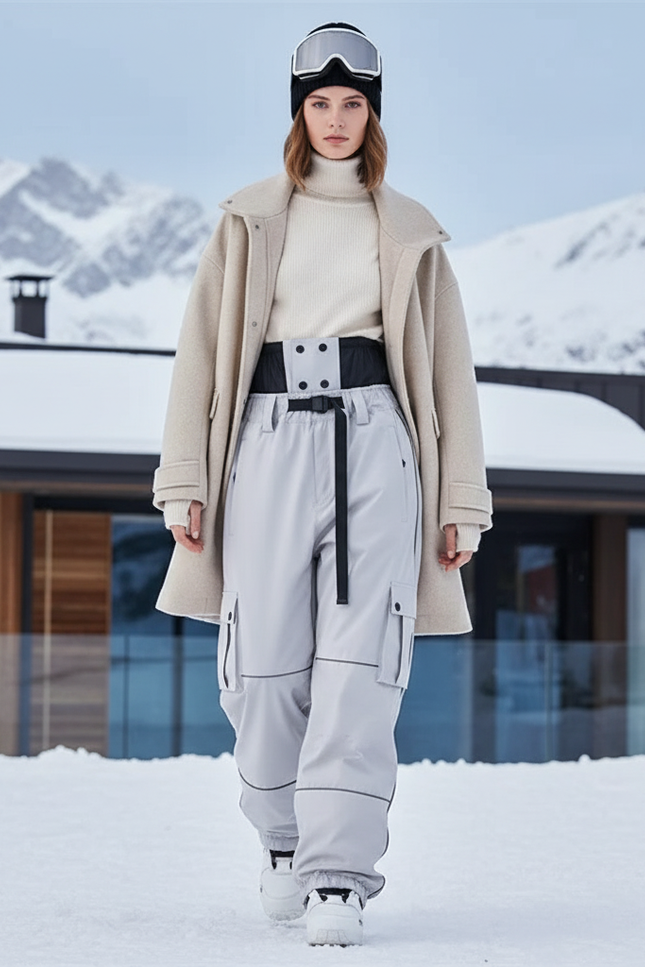 Pantalon De Ski Gris Cargo Réfléchissant Ample Femme Hiver - Polyester