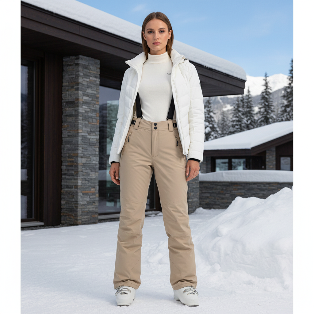Pantalon De Ski Beige Imperméable Confortable Bretelles Femme - Polyester