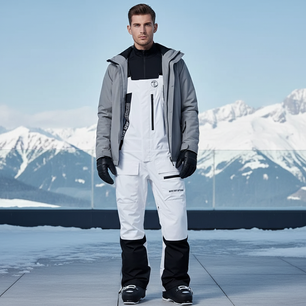 Pantalon De Ski Blanc Homme Imperméable Bretelles Ample - Polyester